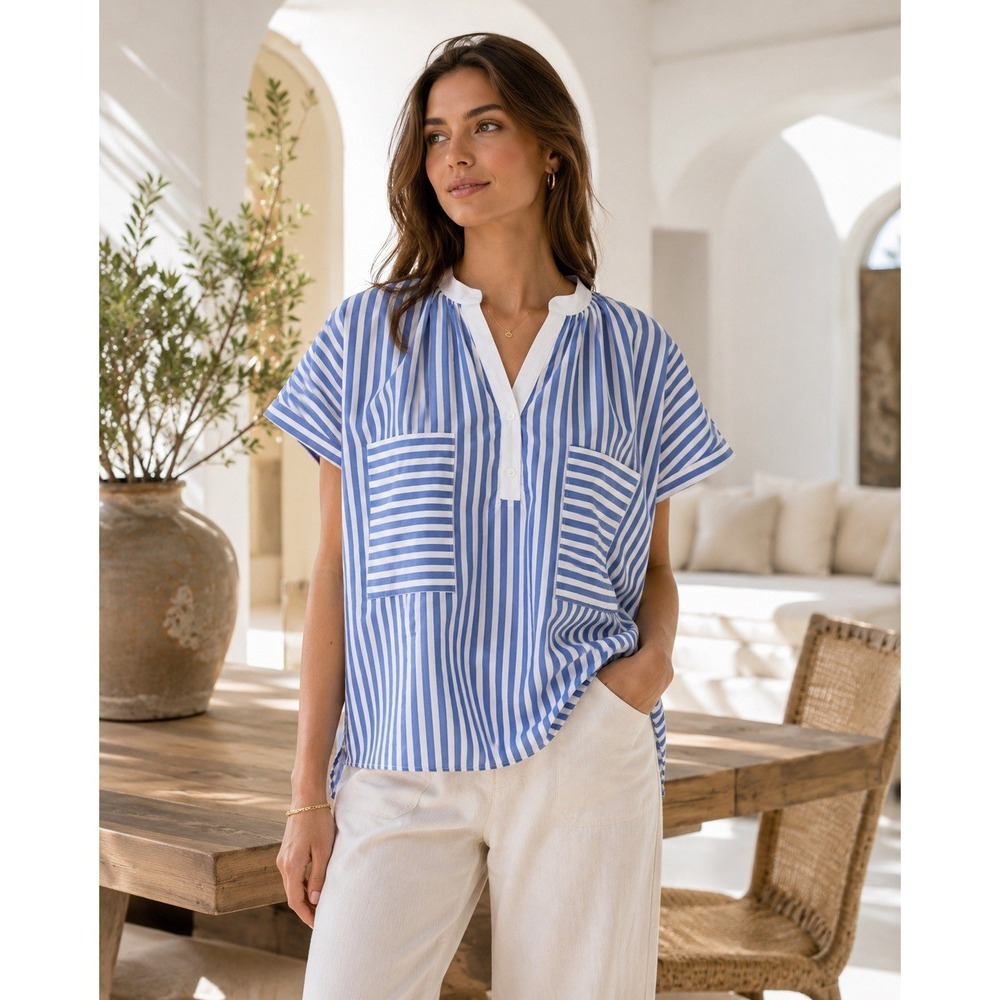 HARSHMAN New RANA POPOVER Shirt Blouse Top SMALL Blue White Indigo Stripe Cotton